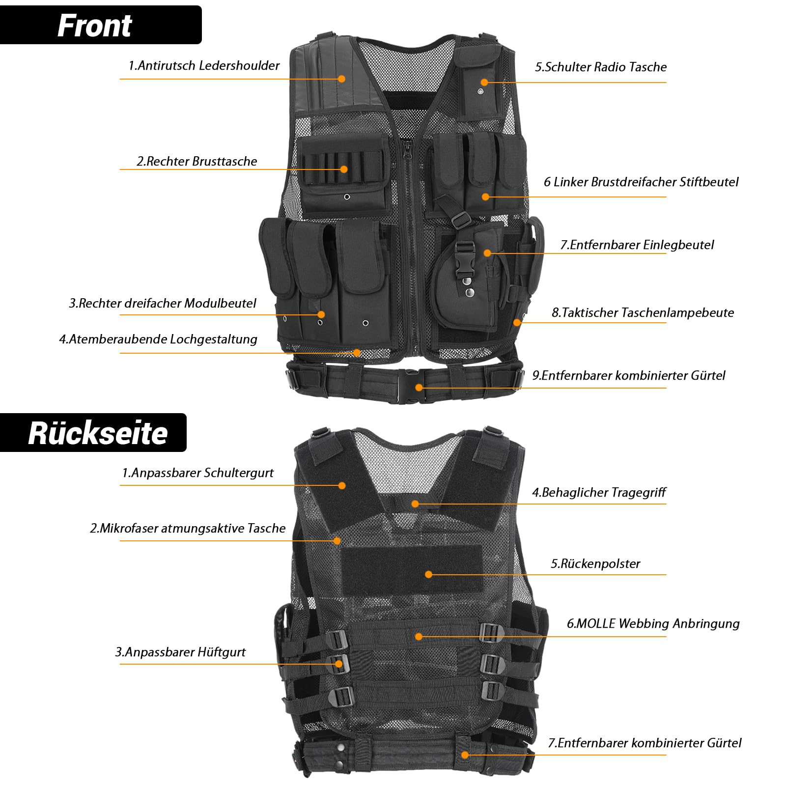 2Stück Taktische Weste Herren mit Taschen, Verstellbarem Hüftgurt | Atmungsaktiv und Strapazierfähig Tactical Weste für Outdoor, Angeln, Camping(Schwarz)