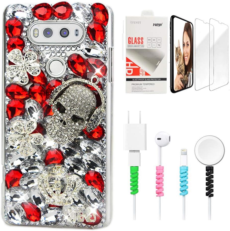 STENES Sparkle Phone Case Compatible with LG Stylo 5 / Stylo 5V / Stylo 5 Plus - Stylish - 3D Handmade Bling Fashion Skull Crown Flower Design Cover Case with Screen Protector & Cable Protector - Red