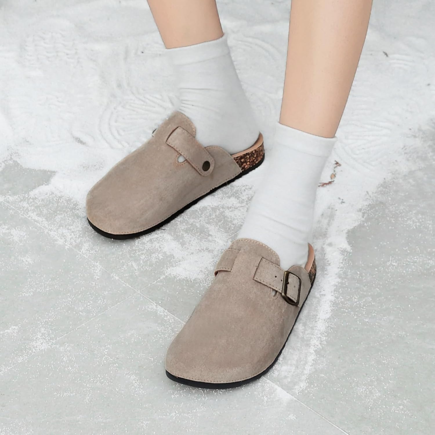 Women's Suede Clogs Mens Leather Mules Comfort Cork Footbed Antislip House Sandals Arch Support Potato Shoes with Adjustable Buckle - Image 3