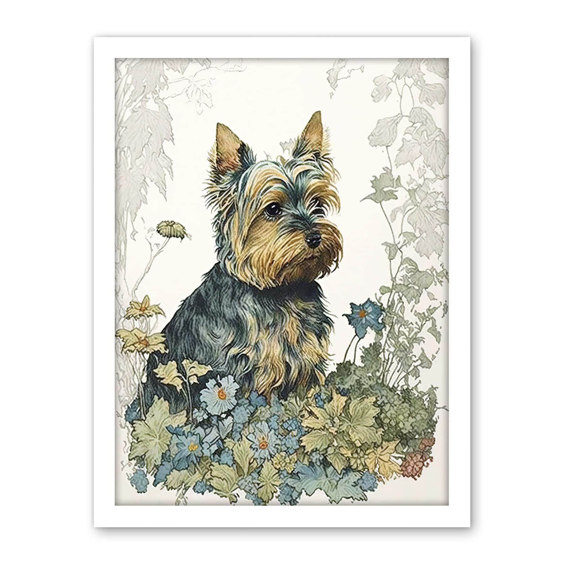 Artery8 Yorkshire Terrier Dog in Wildflowers Watercolour Illustration Artwork Framed Wall Art Print 18X24 Inch