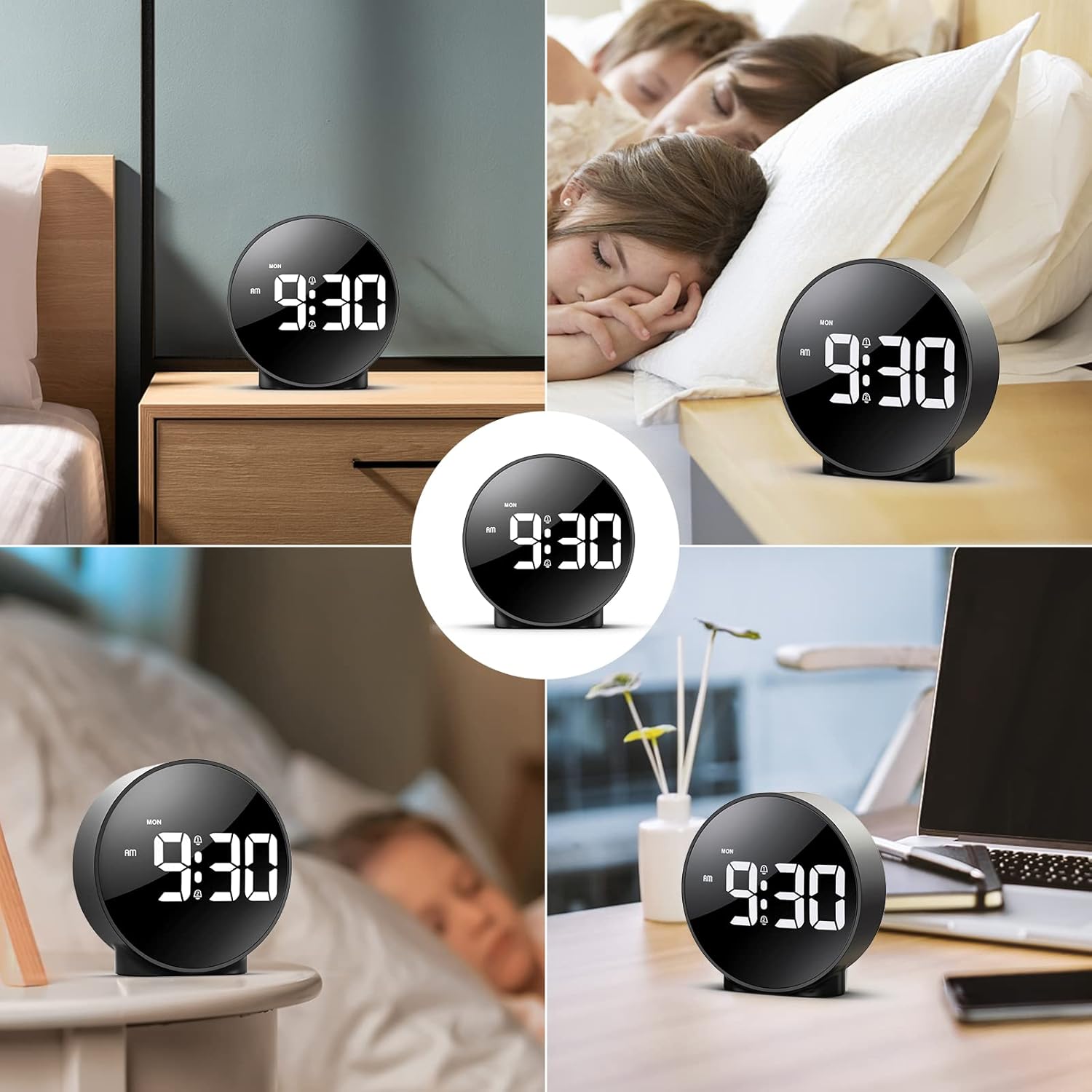 ORIA Digital Alarm Clock in various home and office settings