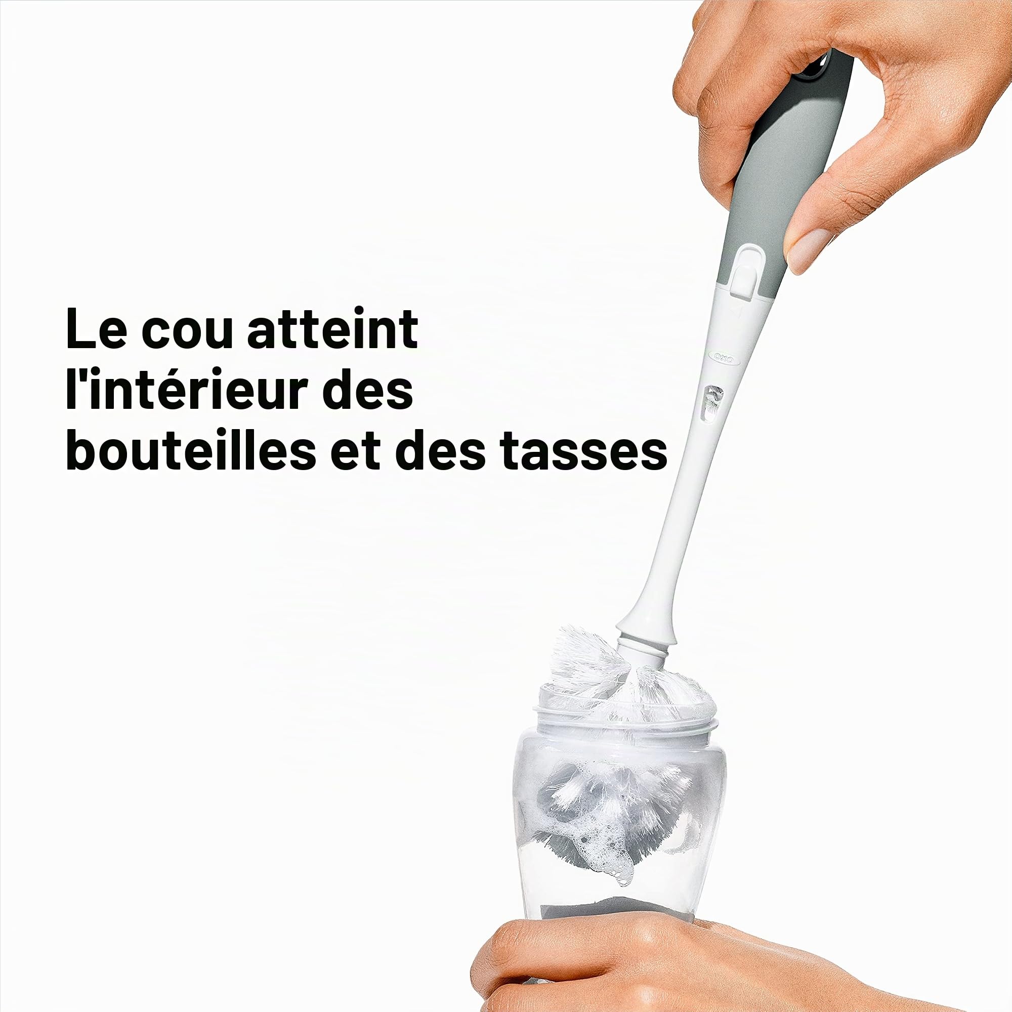OXO Tot Lot de 2 brosses pour biberons avec Nettoyeur de tétons et Support Gris