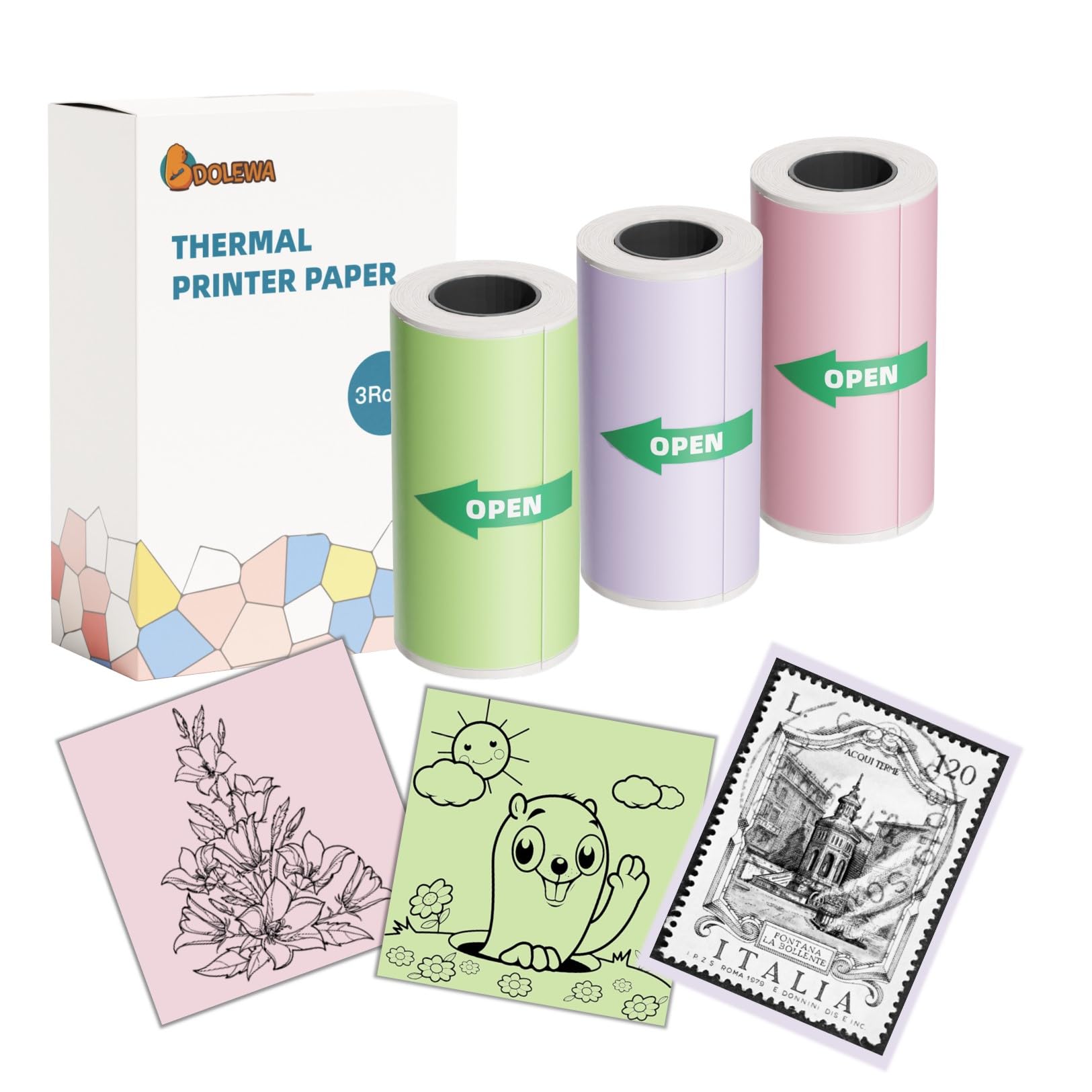 53mm x 3.5m Pink/Green/Purple Adhesive Thermal Sticker Paper 3 Rolls, Mini Thermal Printer Paper, Compatible With Dolewa LX-D2, for Notes, List,