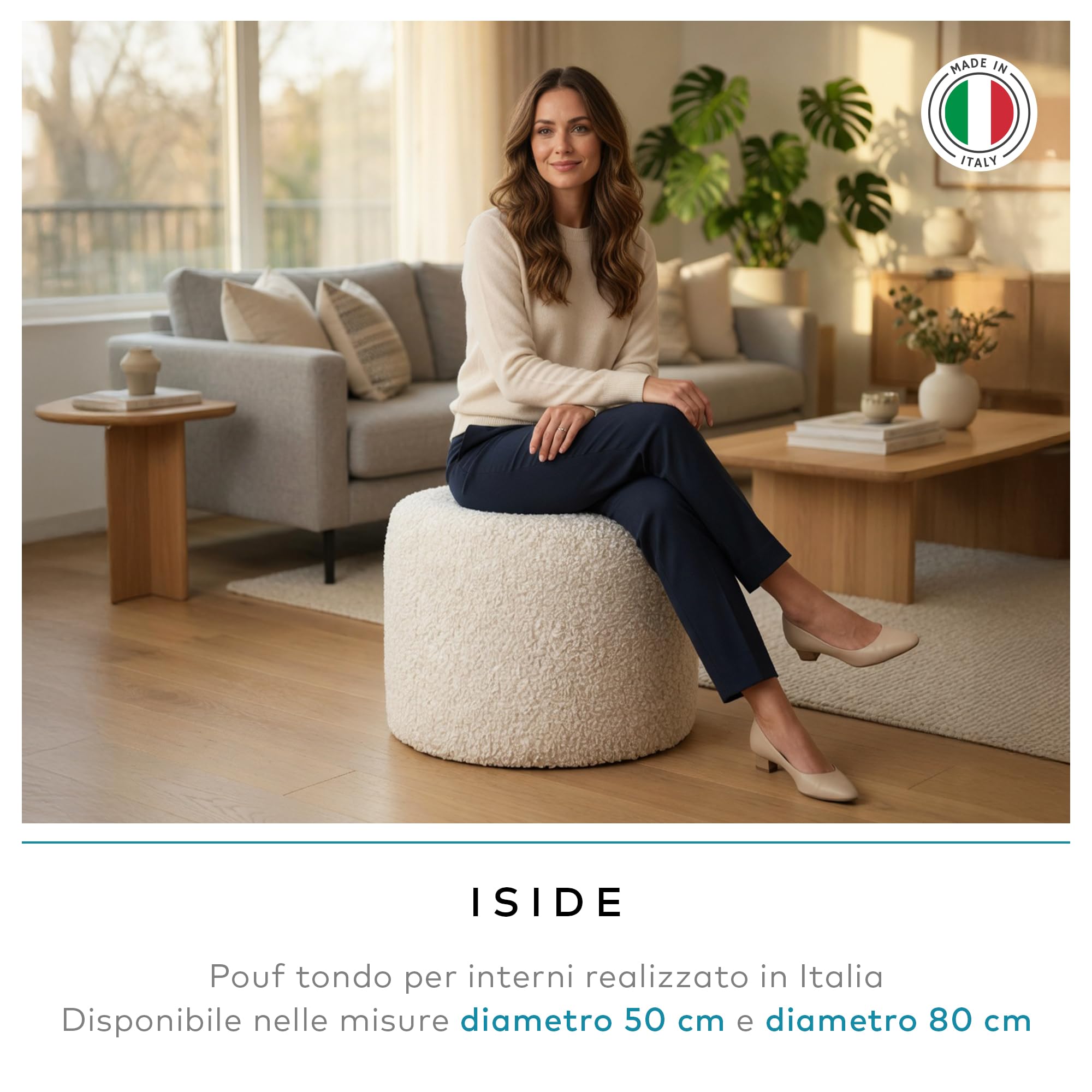 Deshome - Pouf poggiapiedi divano Ø 80 cm tessuto bouclé: Pouf design moderno per divano soggiorno camera da letto Puff poggiapiedi Pouffe salotto Iside Verde oliva