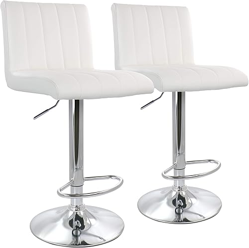 Elama Moderno taburete de bar ajustable de piel sintética con base giratoria cromada (juego de 2), blanco, negro cromado (silla acolchada)