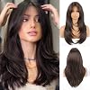 Allbell Black Brown Wigs with Bangs Long Straight Layered Wig for Women Heat Resistant Syntehtic Natural Hair Wigs