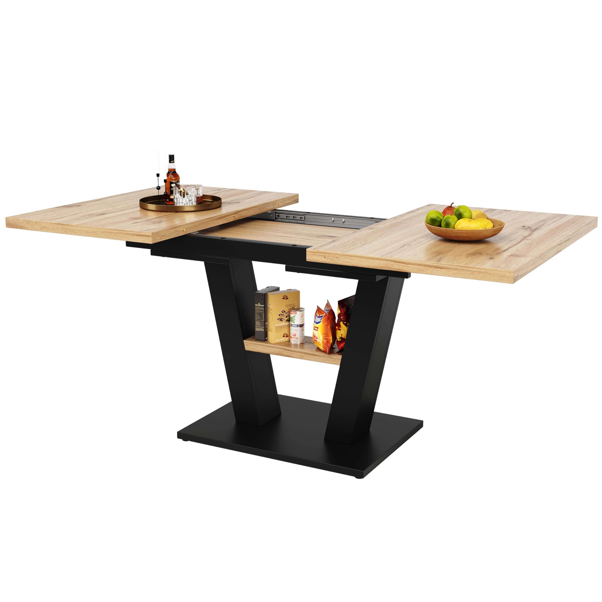 Tavolo da pranzo telescopico, 118-157 x 70 x 75 cm, tavolo da cucina allungabile, con l'aiuto di pannelli interni, per cucina e soggiorno, tavolo da pranzo color legno