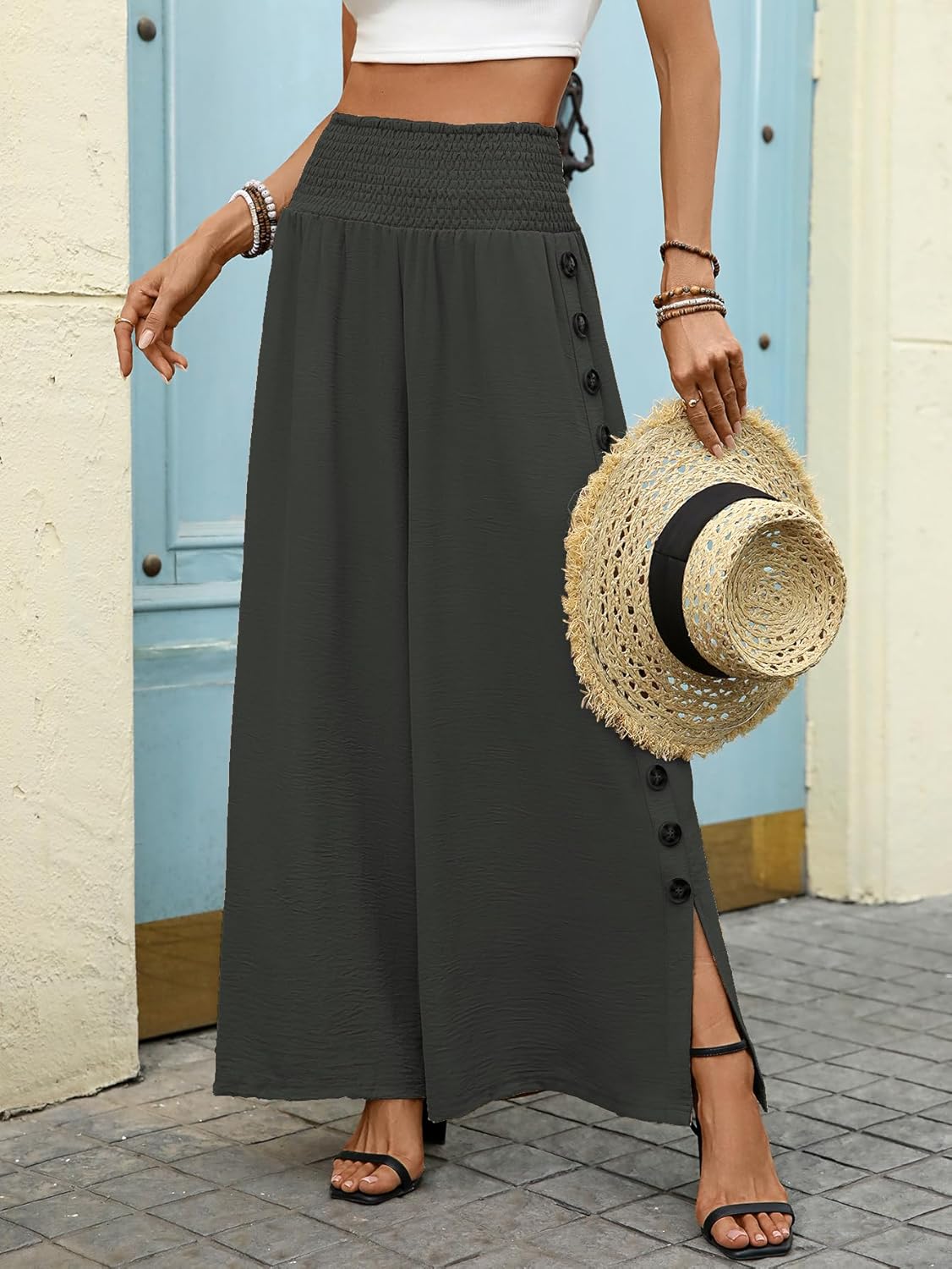 Women’s High Waist Wide Leg Pants Side Button Split Palazzo Pants Loose Summer Beach Trousers with Smocked Waist - Image 3