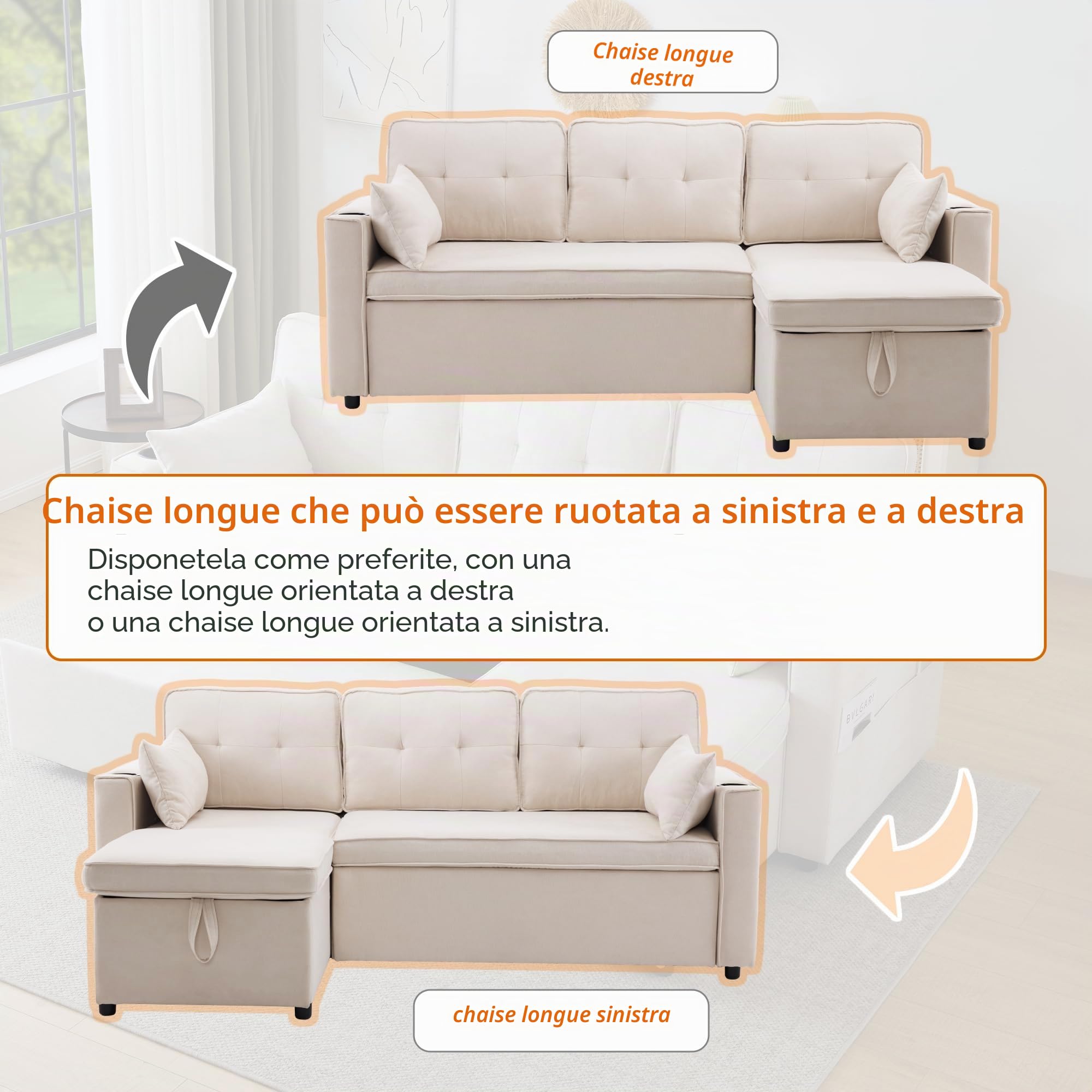Soweiz Divano letto con funzione di sonno, divano a forma di L, design moderno, poltrona lounge con vano portaoggetti, con portabevande, divano letto, soggiorno e sinistra, intercambiabile (beige)