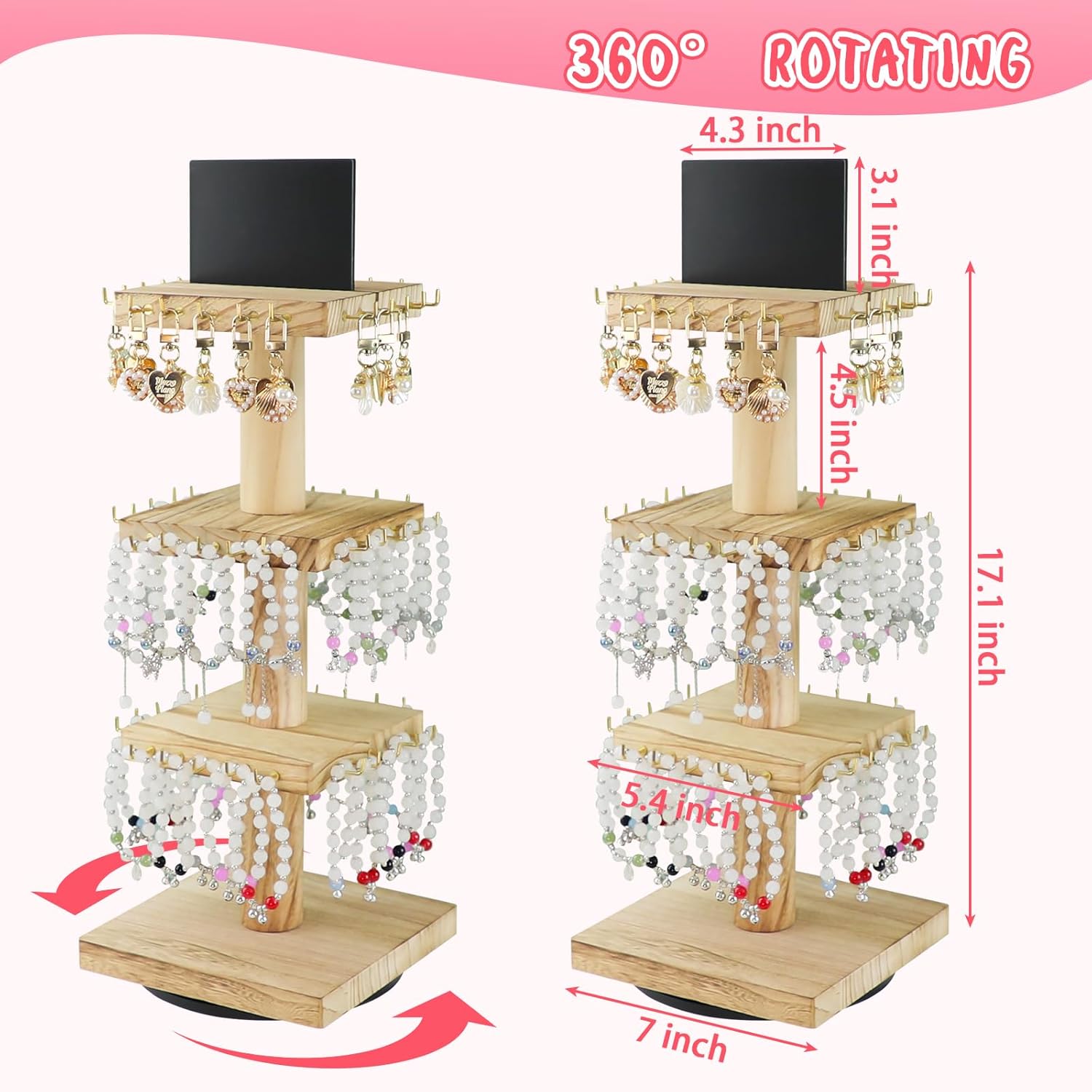 ERTIUANIO Bracelet Holder Display, 3 Tier Wooden Rotating Display Stand for vendors, 60 Hooks for Bracelet, KeyChain, Necklace, Jewelry