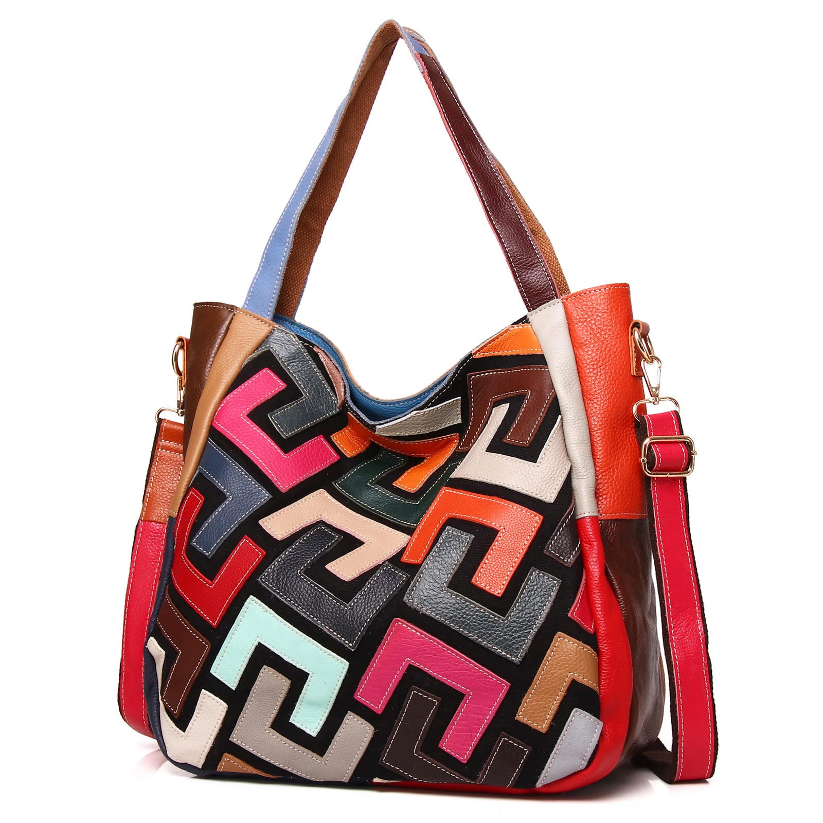 Bolso de mano multicolor para mujer, de cuero auténtico, con empalme de palabras, a la moda, colorido patchwork