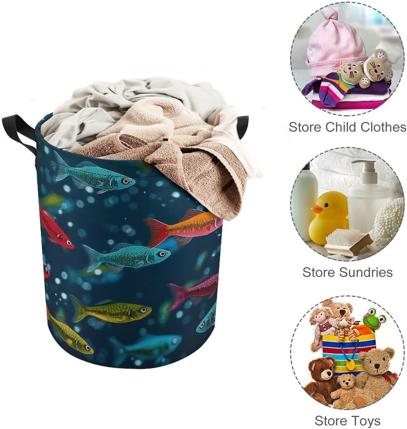 Underwater Colorful Minnows Laundry Basket Collapsible Clothes Hamper with Reinforced Handles Large Capacity Waterproof Laundry Bag Freestanding Laundry Hamper for Bedroom Bathroom