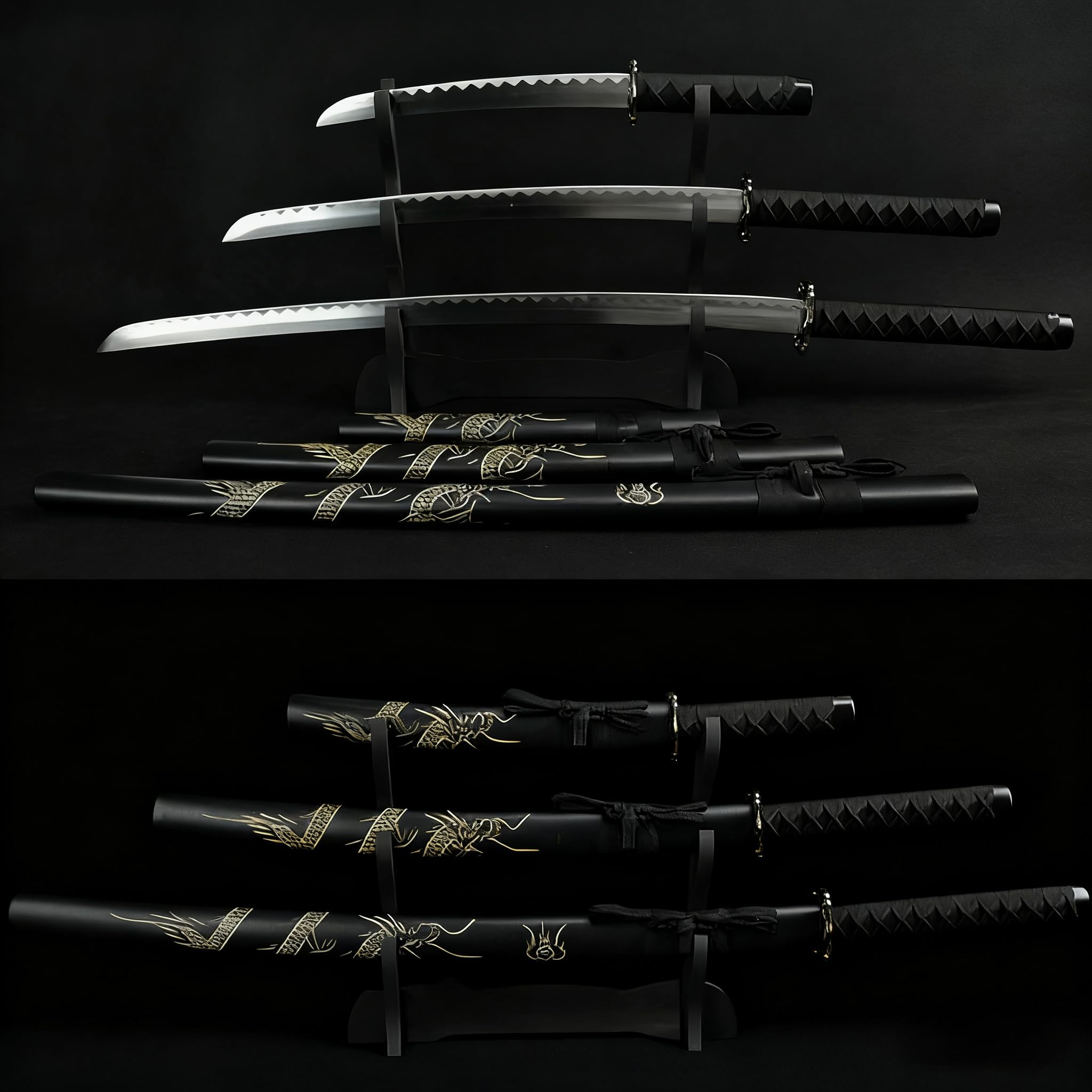 Set de katanas samurái Dragón Negro, juego de 3 espadas acero 1095 52/75/100 cm, entrenamiento y colección
