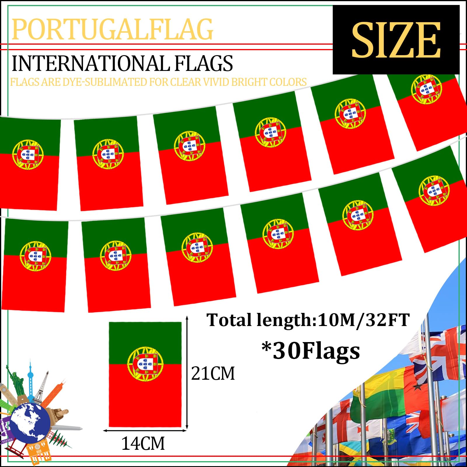 10m Guirnalda Bandera de Portugal,30 Doble Cara Pequeña Personalizada Banderas,para Decoración Patio,Balcón,Jardin,Barra,para Juegos de Fútbol,Eventos Deportivos,Día Nacional,Fiesta de Portugal