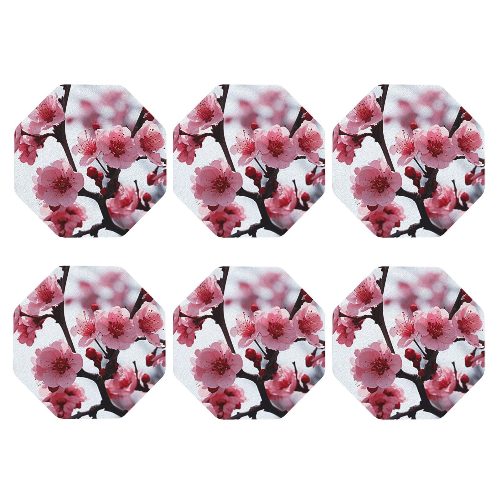 6Pcs PU Leather Coaster for Drinks, Cherry Japanese Cherry Blossom Cup Coastersr 4" Cup Mat Pad, Aesthetic Drink Coasters for Coffee Table, Octagon Coaster for Tabletop Protection