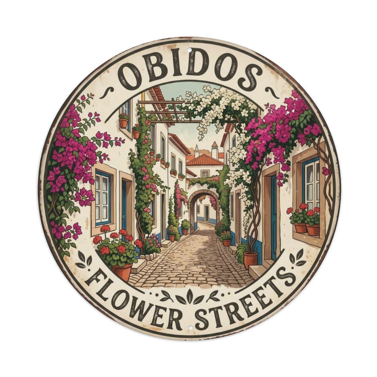 Vintage Travel Floral Portugal Street Metal Tin Sign Plaque Wall Decor for Cafe, Club, Garden Round Metal Poster 8x8Inch