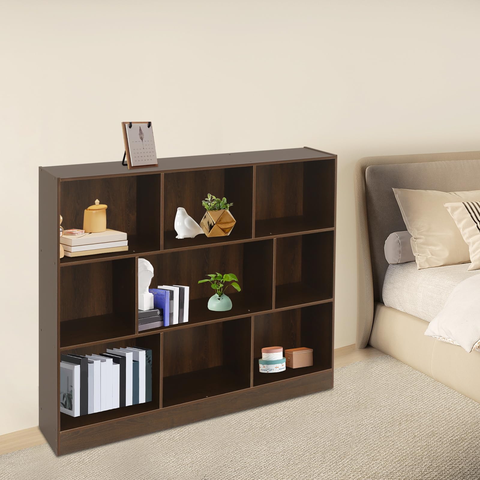 Regał na książki, do pokoju dziecięcego, z 8 otwartymi półkami, 120 x 23 x 100 cm, poziomy, regał na teczki, regał w kształcie kostki, do salonu, biura (ciemny dąb)