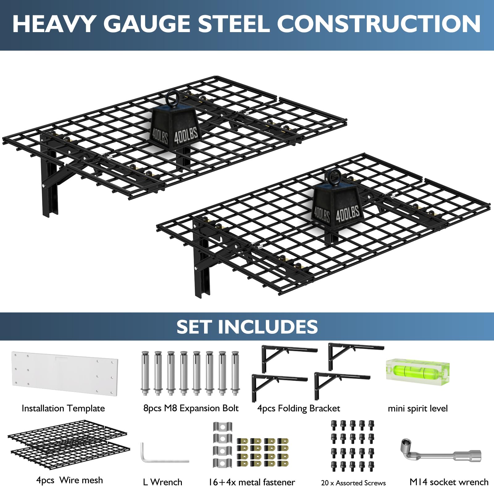 AIRAJ Garagenregal klappbar 91x60 cm (2x3FT), 2 Stück, Schwerlast-Wandregal aus Metall, Tragfähigkeit 363 kg, für Garage, Werkstatt, Garten, Lager – Schwarz