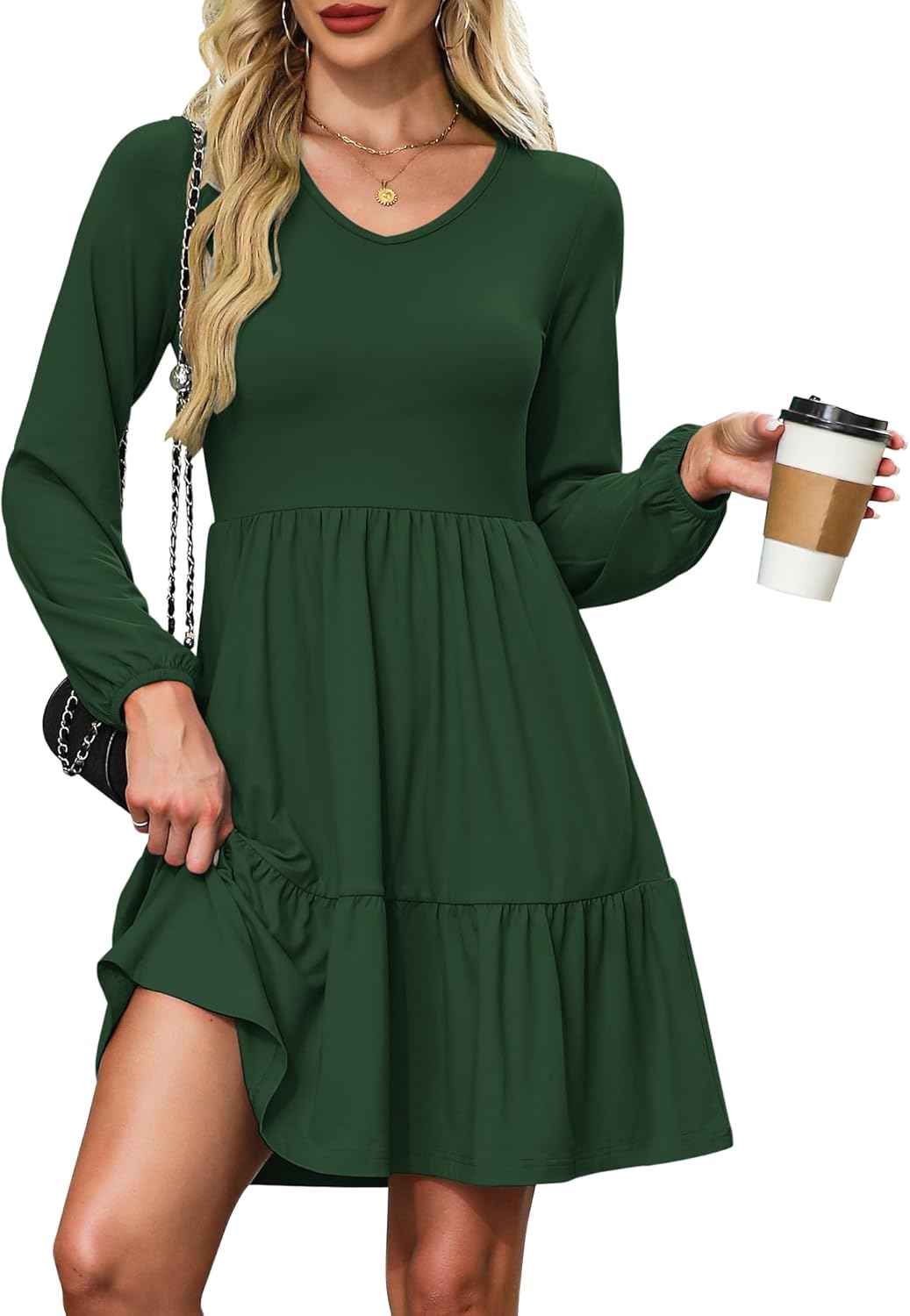 AUSELILY Womens Long Sleeve Dress 2025 Fall Casual V Neck Tiered Swing Flowy A-line Mini Short Dresses with Pockets