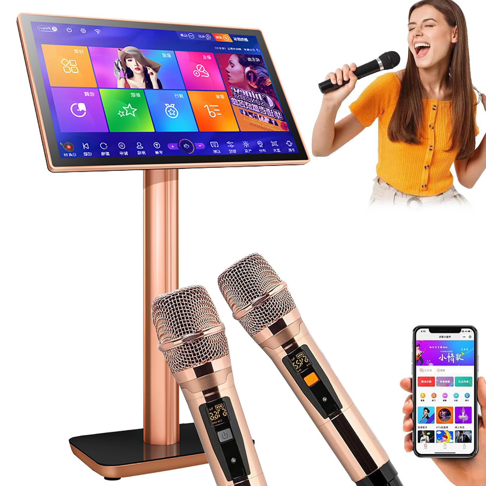 Profesjonalny System Karaoke, 22″ Pojemnościowy Ekran Dotykowy + Bezprzewodowe Mikrofony, Obsługa 27 Języków, Odtwarzanie Utworów/Filmów Z Youtube, Do Barów, Spotkań Rodzinnych, Ktv Black-1TB