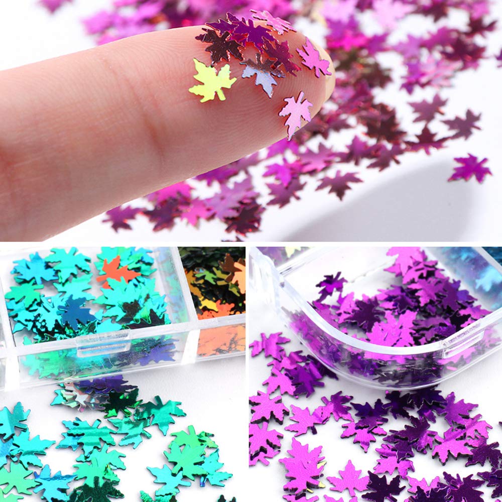 12 Colors Fall Leaf Nail Art Glitter Sequins - 3D Holographic Flake Metallic Maple Leaf Shaped Gold Red Yellow Nail Design Makeup DIY Nails Supply Glitter Decorations : Beauty & Personal Care