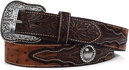 ARIAT Cinturón de piel sintética de avestruz para hombre con estampado floral y conchos plateados
