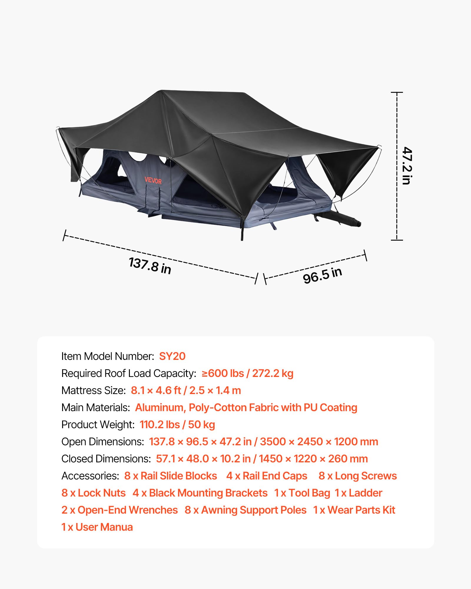 VEVOR Tente de Toit pour Voiture Pliable, Tente de Toit à Coque Rigide pour 2-3 Personnes, pour Camping Caravane SUV, en Aluminium, Étanche et Coupe-Vent, avec Éclairage LED, Matelas et Fenêtres