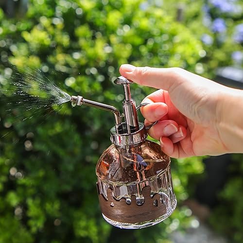 Miniatura 47 de OFFIDIX Mister de cristal para plantas, 6.3 pulgadas de alto, estilo vintage, de bronce, bomba superior de plástico con una mano, regadera