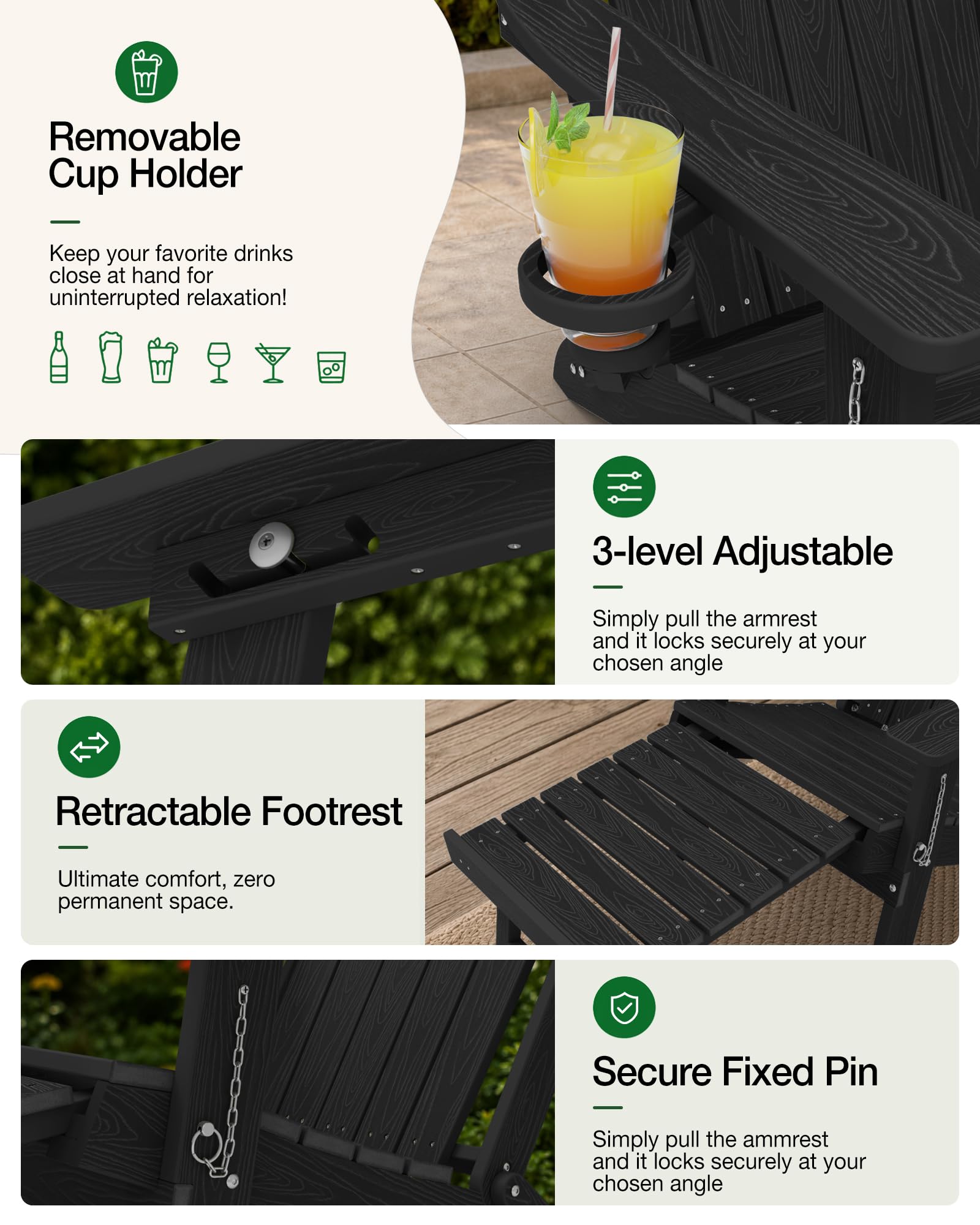 MXIMU Adirondack Stuhl Klappbar für Garten: Adirondack Chair Kunststoff mit Fußstütze & 3-Fach Verstellbarer Rückenlehne - Wetterfest HDPE Outdoor Stuhl für Balkon/Terrasse/Pool/Beach(Schwarz)