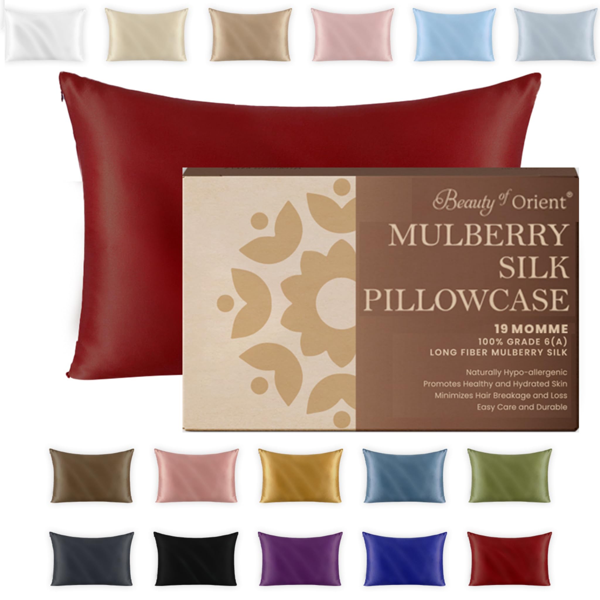 Beauty of Orient 19 Momme Premium Mulberry Silk Pillowcase for Hair and Skin | Handcrafted Hypoallergenic & Anti-Acne 100% Silk Pillow Cases with Zipper | Queen - 20" x 30", Red Velvet