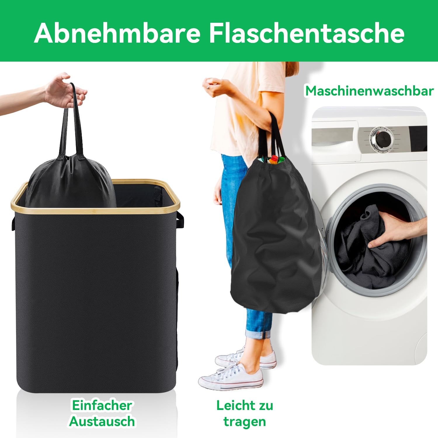 170L Pfandflaschen Sammelbehälter mit Deckel,2 Fächer,2 Flaschentaschen,Großer Pfandbehälter,Flaschensammler leergut geeignet für Küche und Speisekammer,Schwarz (170L)