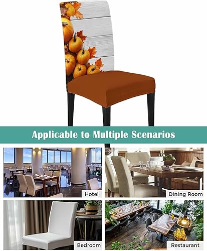 Miniatura 7 de Savannan Funda para silla de comedor, Acción de Gracias, otoño, naranja, calabaza, hoja de arce, vintage, granja, tablones de madera, fundas