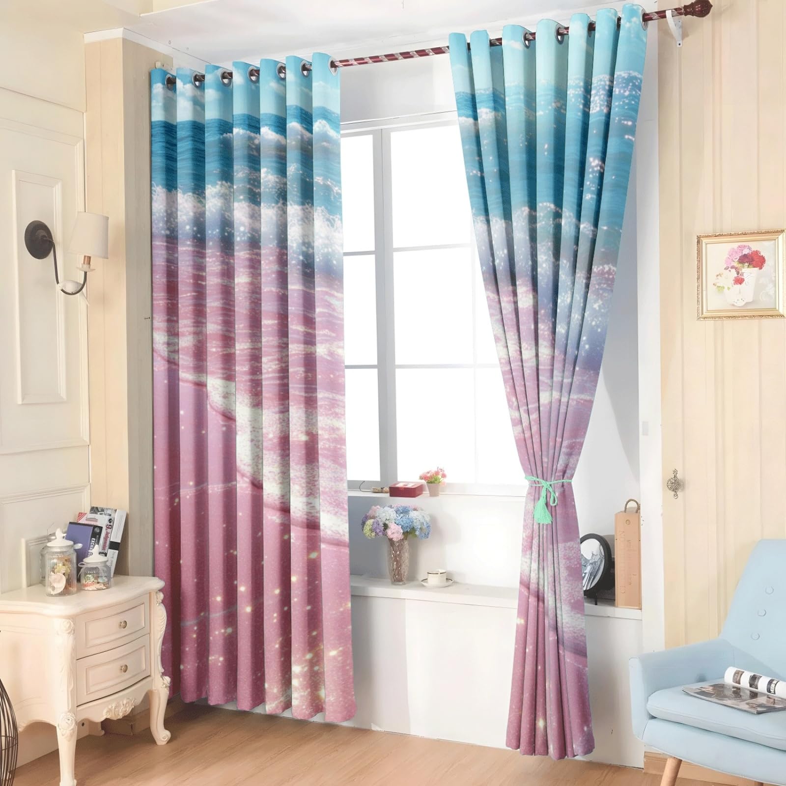Curtain Rosa Himmelblau Gardinen Polyester Vorhang mit Ösen Blackout Curtain Waschbar Vorhänge mit Ösen Living Room Thermovorhang Schlafzimmer Verdunklungsvorhänge Blickdicht 2x140x160cm