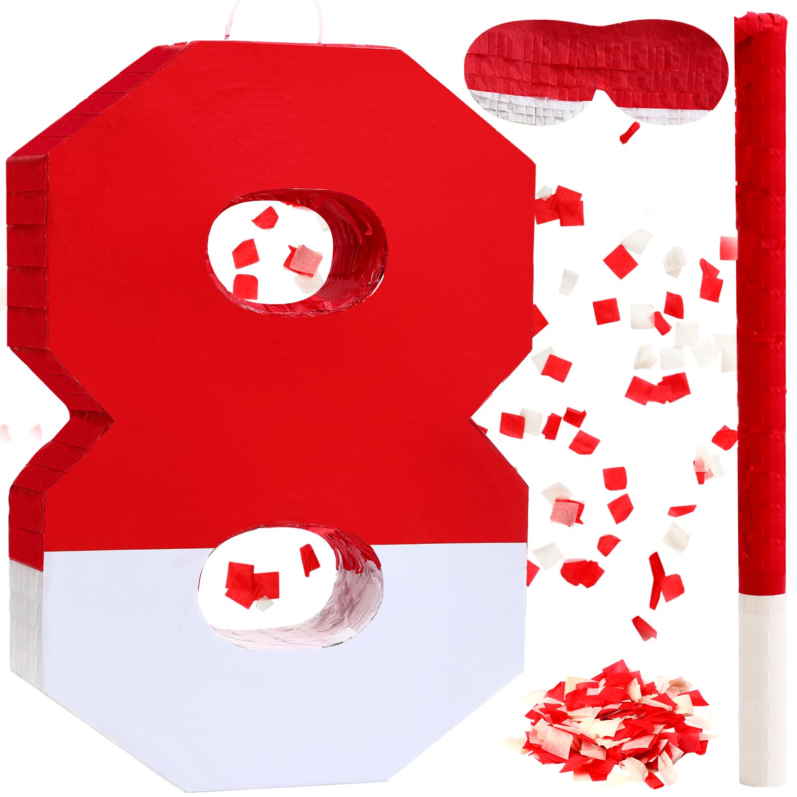 Poen Number 8 Piñata with Batting Stick Eye Mask and Confetti Red and White Piñata for Kids Boys Girls Birthday Anniversary Celebration Decorations