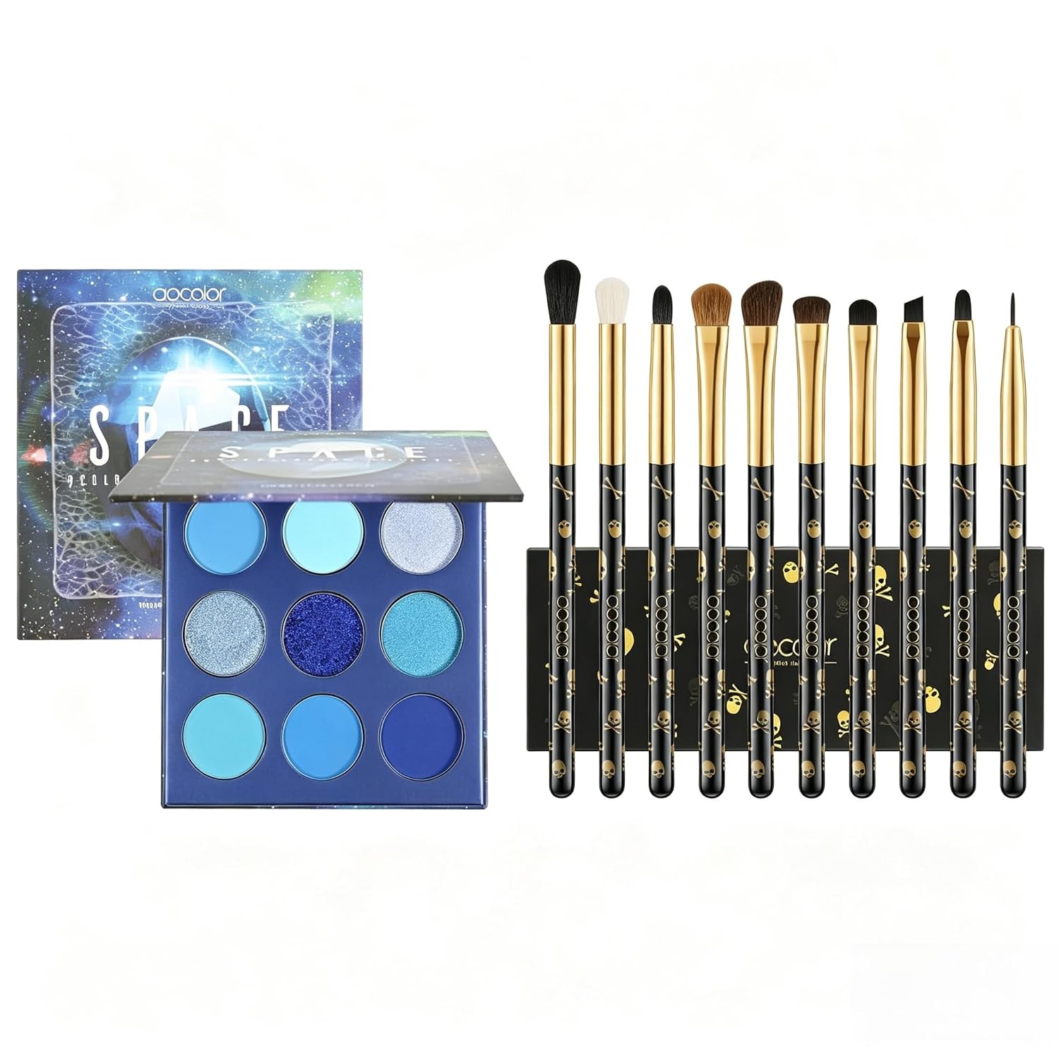 docolor 10Pcs Eye Makeup Brushes Skull Printed Eyeshadow Makeup Brush Set and Blue Eyeshadow Palette 9 Colors Gemstone Shadow Palette Highly Pigmented Mattes Shimmers Long-Lasting Makeup Palette