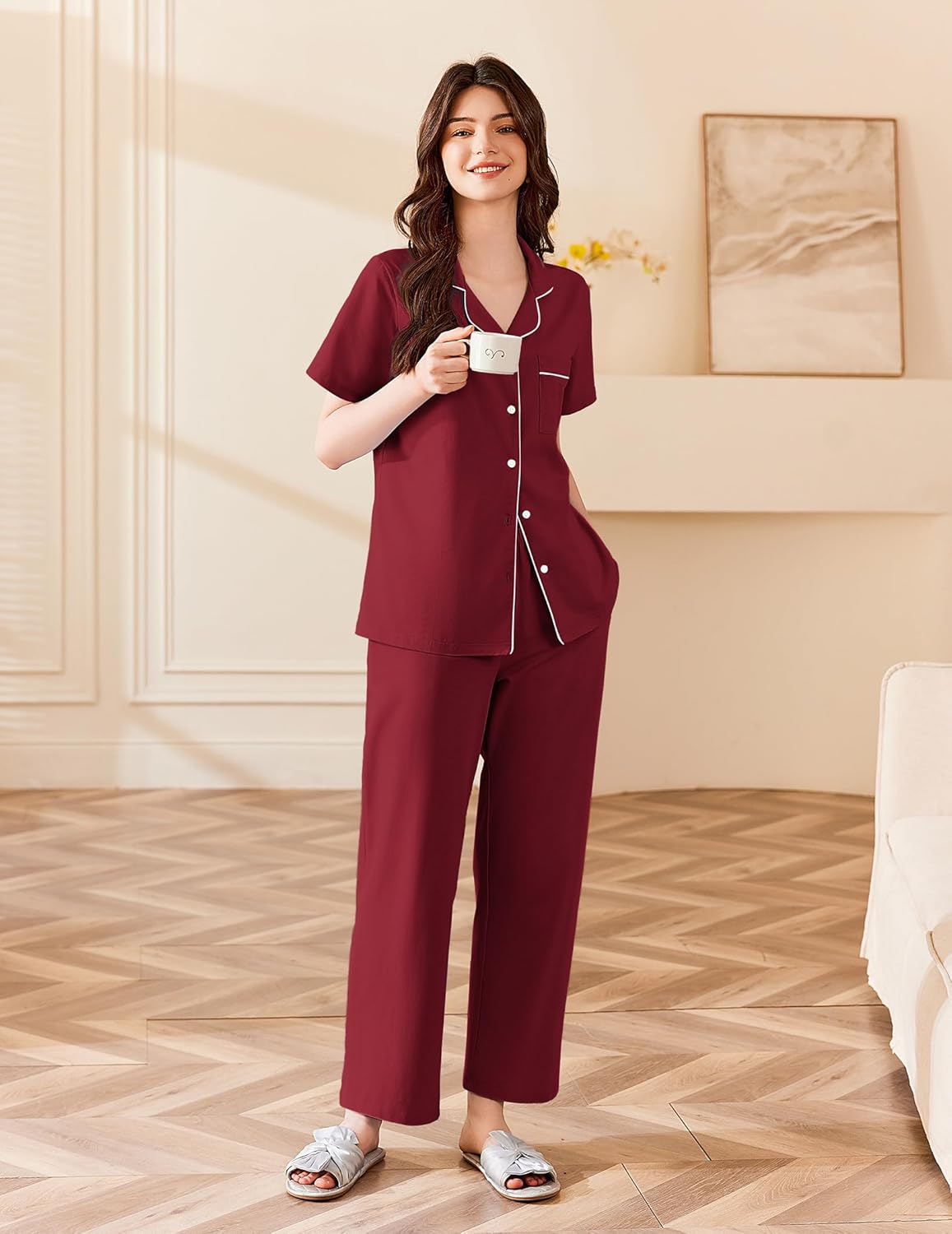 Ekouaer Women's 100% Cotton Pajamas Set Short Sleeve Button Down Pjs 2 Piece Soft Sleepwear with Long Pants Lounge Set Wine Red Medium - Image 3