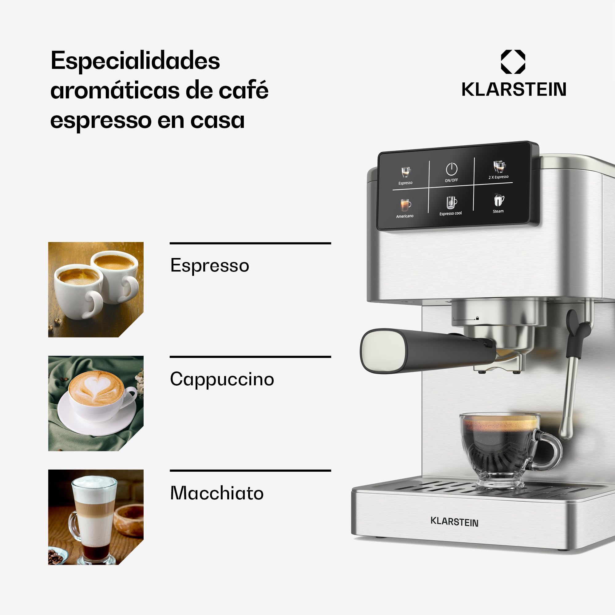 KLARSTEIN SteelPresso Touch Cafetera Espresso – 20 Bares, 1350W, Pantalla Táctil, Espumador de Leche, Depósito 1.5L, Acero Inoxidable, Máquina Café, Diseño Compacto