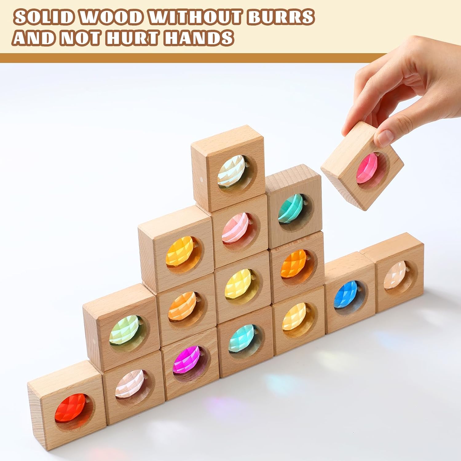 16 Pcs Acrylic Wooden Gem Blocks Sparkling Translucent Cubes Stacking Toys Wooden Cubes Blocks with Colorful Acrylic Open Ended Play Montessori Educational Toys (Round)