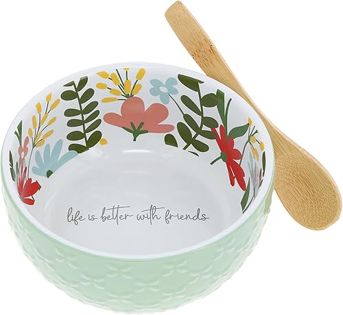 Pavilion Gift Company - Friends - Juego de cuencos y cucharas florales de 11 oz y 4.25 pulgadas - Apreciación familiar sentimental inauguración de