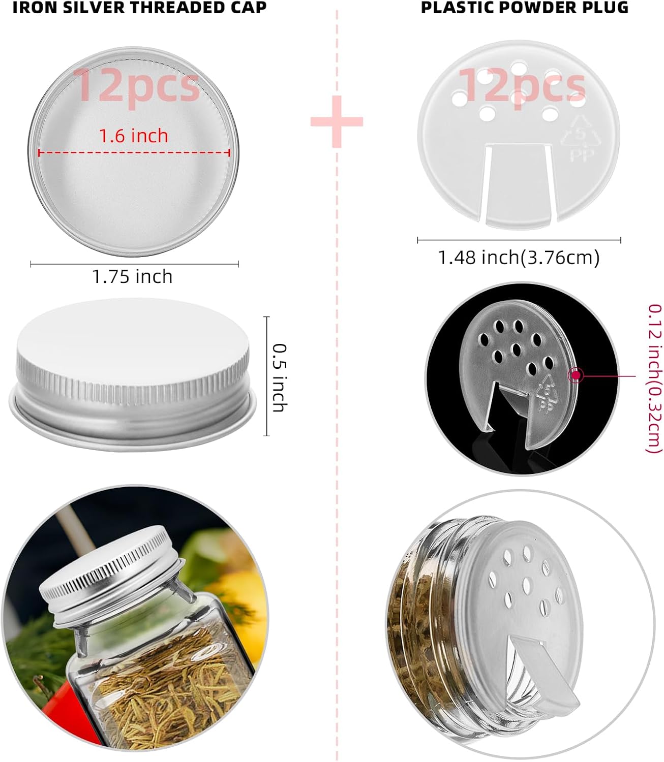 12 Iron Spice Jar Lids with 12 Shaker Inserts, Fit 4oz & 6oz Glass Jars, Airtight Metal Caps, 2-in-1 Pour & Sprinkle Design for Salt, Pepper & Seasoning (Jars Not Included) (Silver) image 2