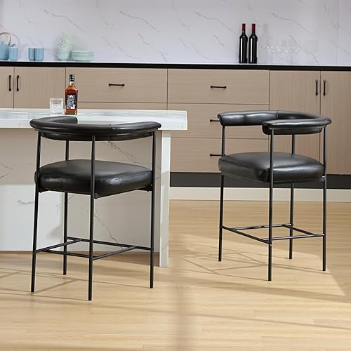 Miniatura 7 de HEAH-YO Juego de 2 taburetes de bar modernos de piel sintética, taburetes de mostrador de 26 pulgadas con respaldo tapizado de poliuretano con patas