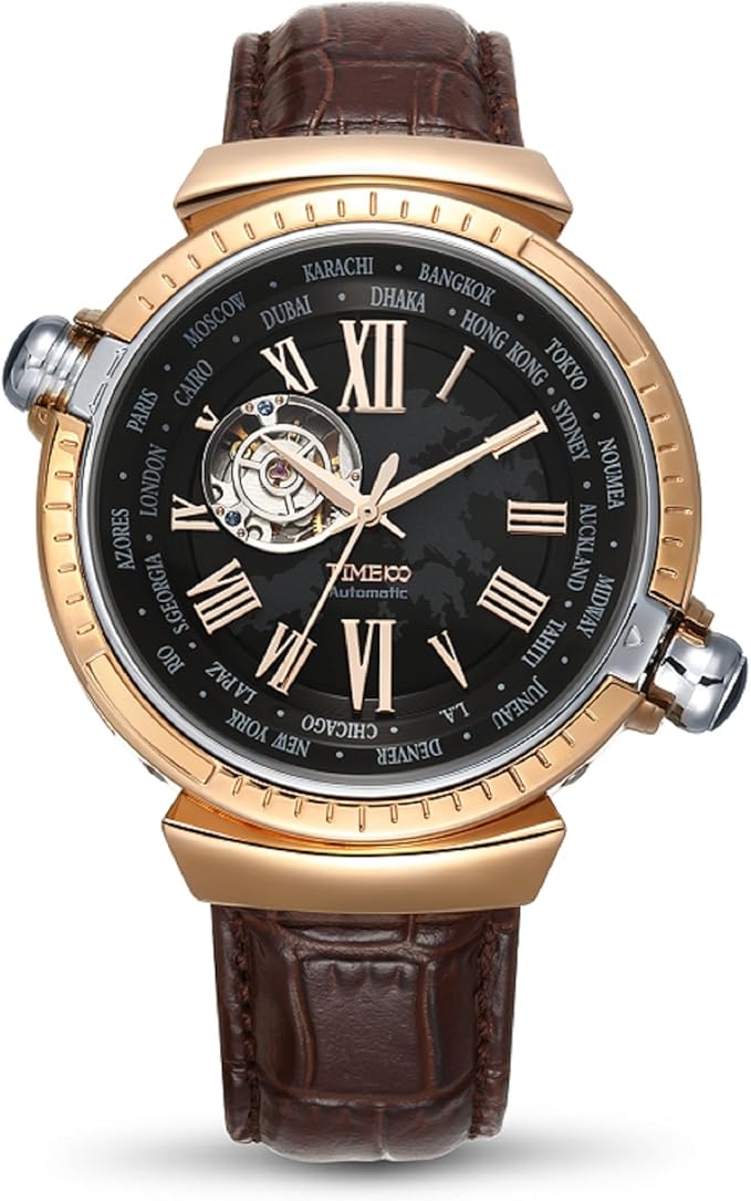Amazon Time100 受賞人気男性腕時計 ローマ字 自動巻き ワールドタイム スケルトン 本革 メンズ腕時計 紳士 Wg コーヒー メンズ腕時計 腕時計 通販