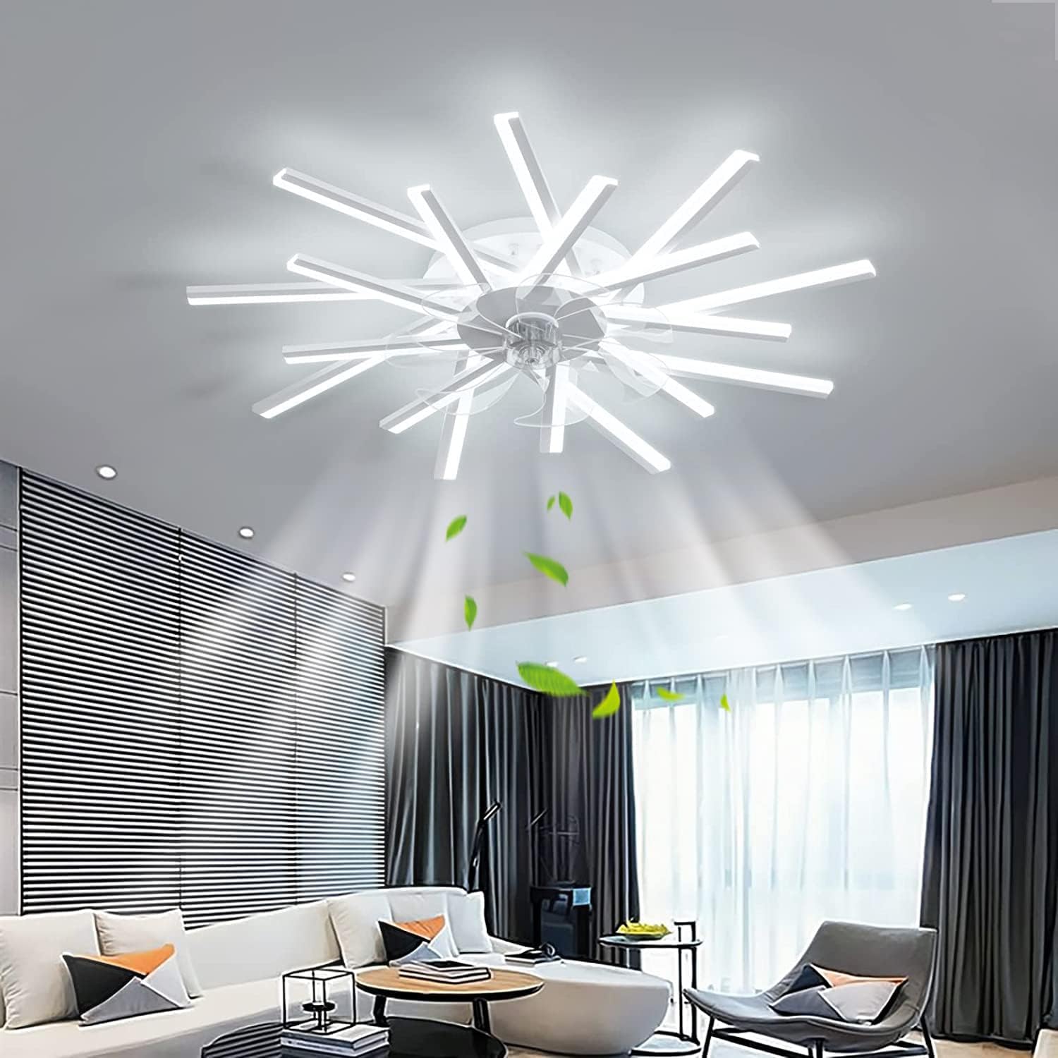 Modern Ceiling Fan with Lights and Remote,36" Flush Mount Ceiling Fan, Bladeless Ceiling Fan, Dimmable 6-Gear Wind Speed for Living Room Bedroom Low Profile Ceiling Fan Fandelier (White)
