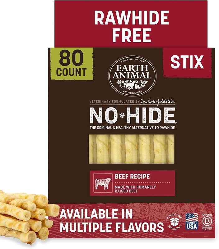 Palitos mastigáveis para cães e gatos Earth Animal No Hide Stix com carne bovina, sem couro cru, 80 unidades
