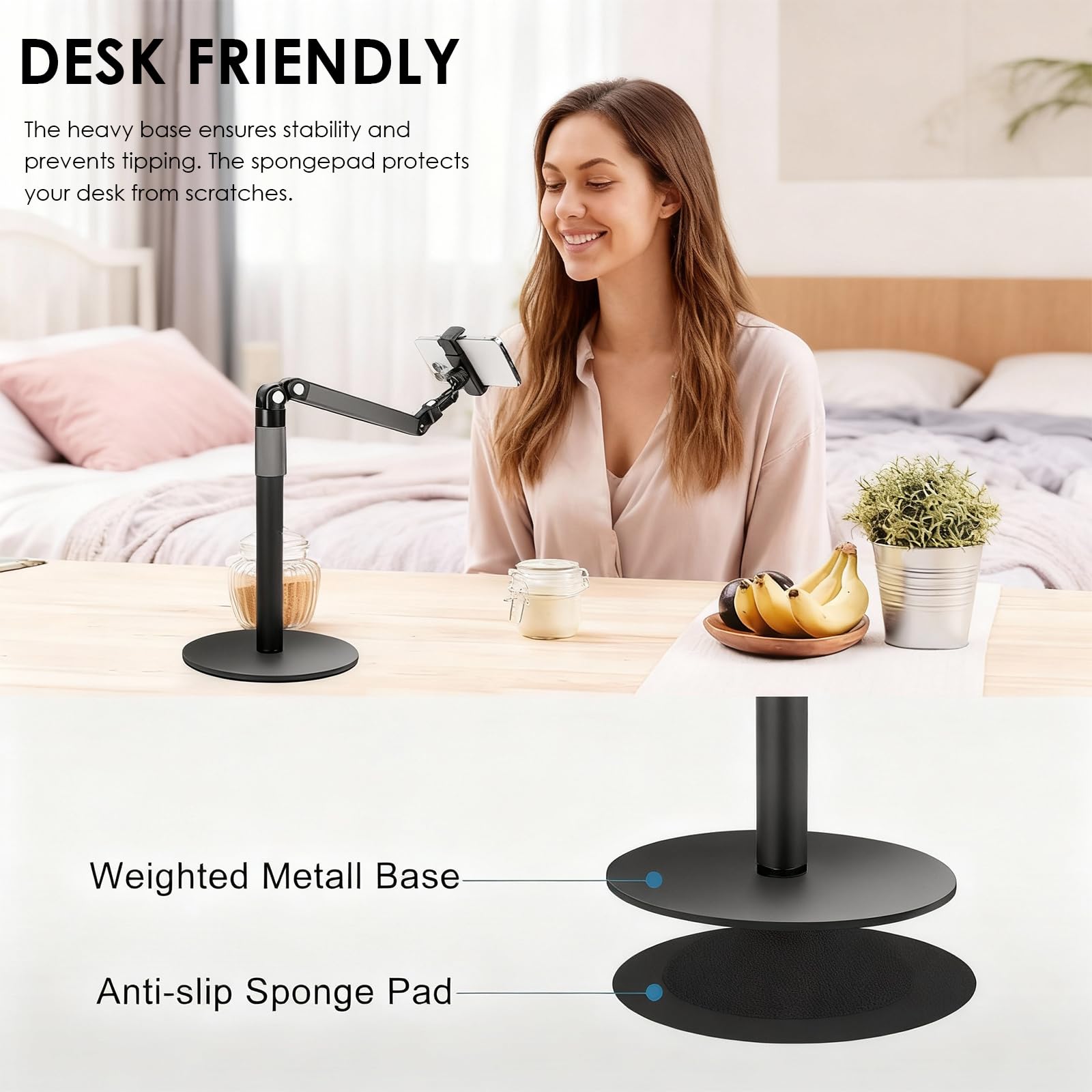 Support Téléphone Bureau en Métal, Trépied Smartphone Réglable en Hauteur 18-70cm avec Rotation 360°, Support Téléphone pour Filmer, Streaming, Vidéoconférence et Télétravail