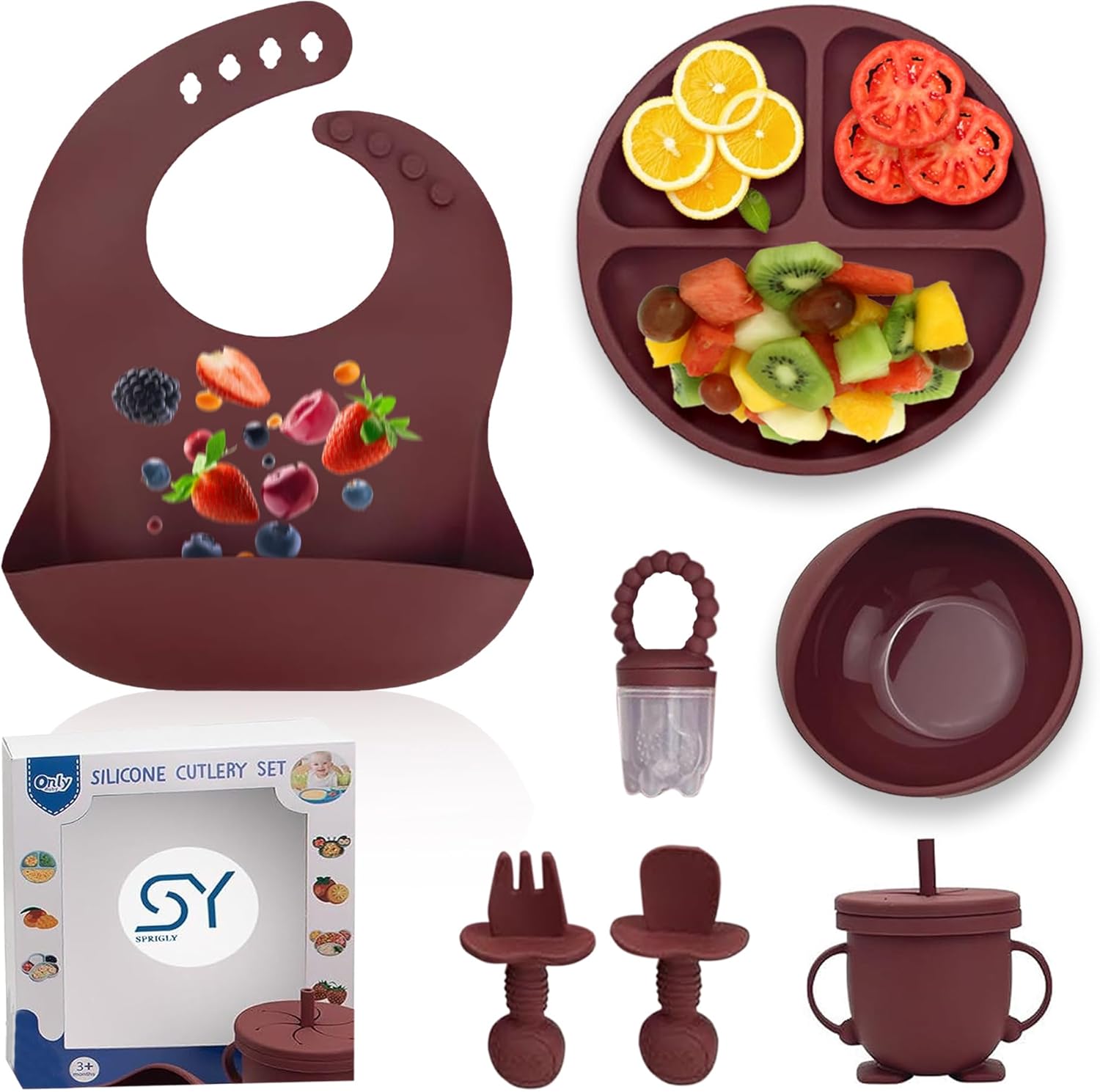 SPRIGLY 11-Piece Silicone Baby Weaning & Feeding Set – BPA-Free Suction Plate, Bowl, Bib, Sippy Cup, Fork, Spoon, Fruit Feeder & Snack Cup – Self-Feeding Set for Toddlers – Russet Brown