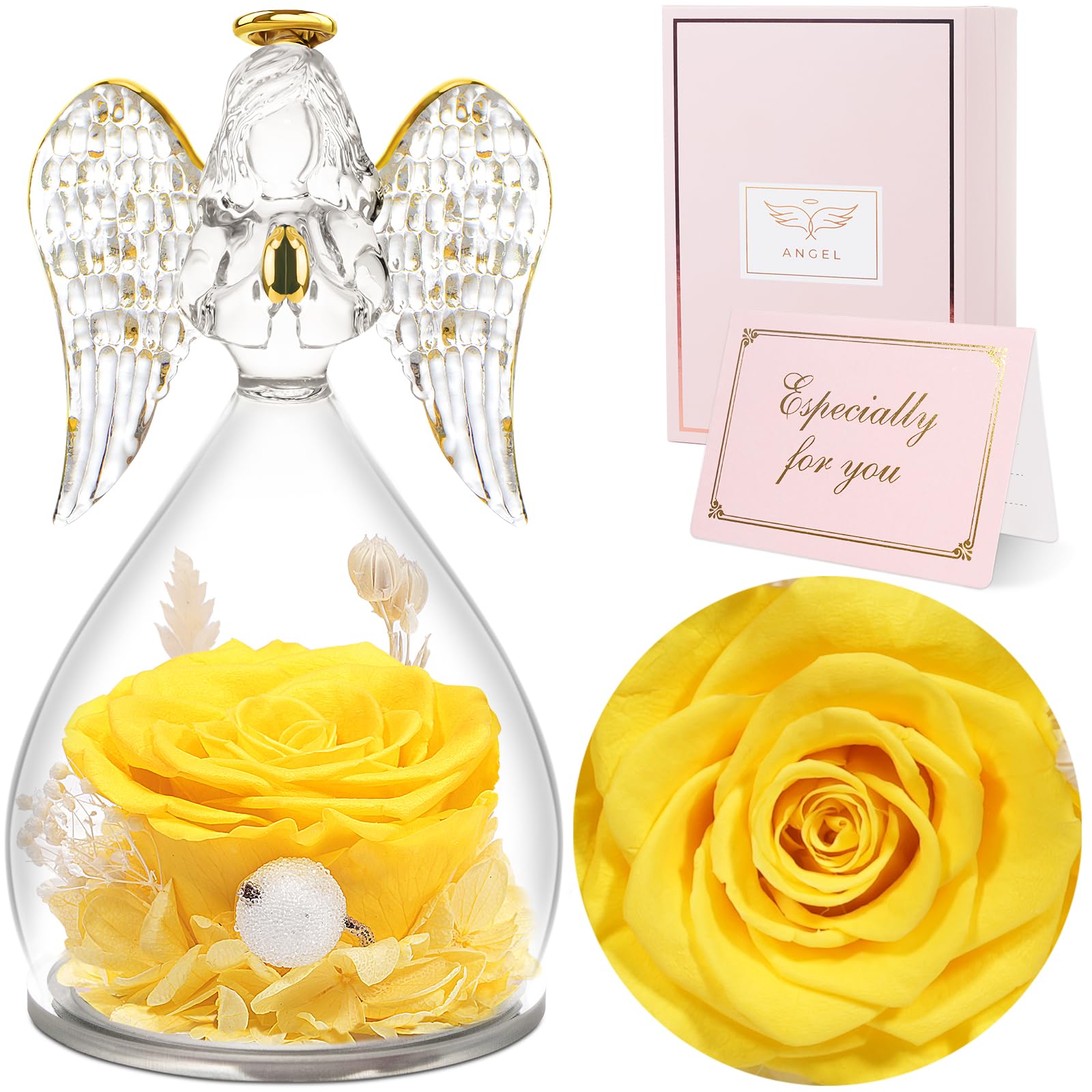 Sunia Rosa Eterna Regalos Originales para Mujer, Flores Preservadas Regalo Madre, Flore Eterna con Figura Ángel Regalo Cumpleaños Mujer Mama Abuela, Regalos Navidad San Valentin Dia de la Madre