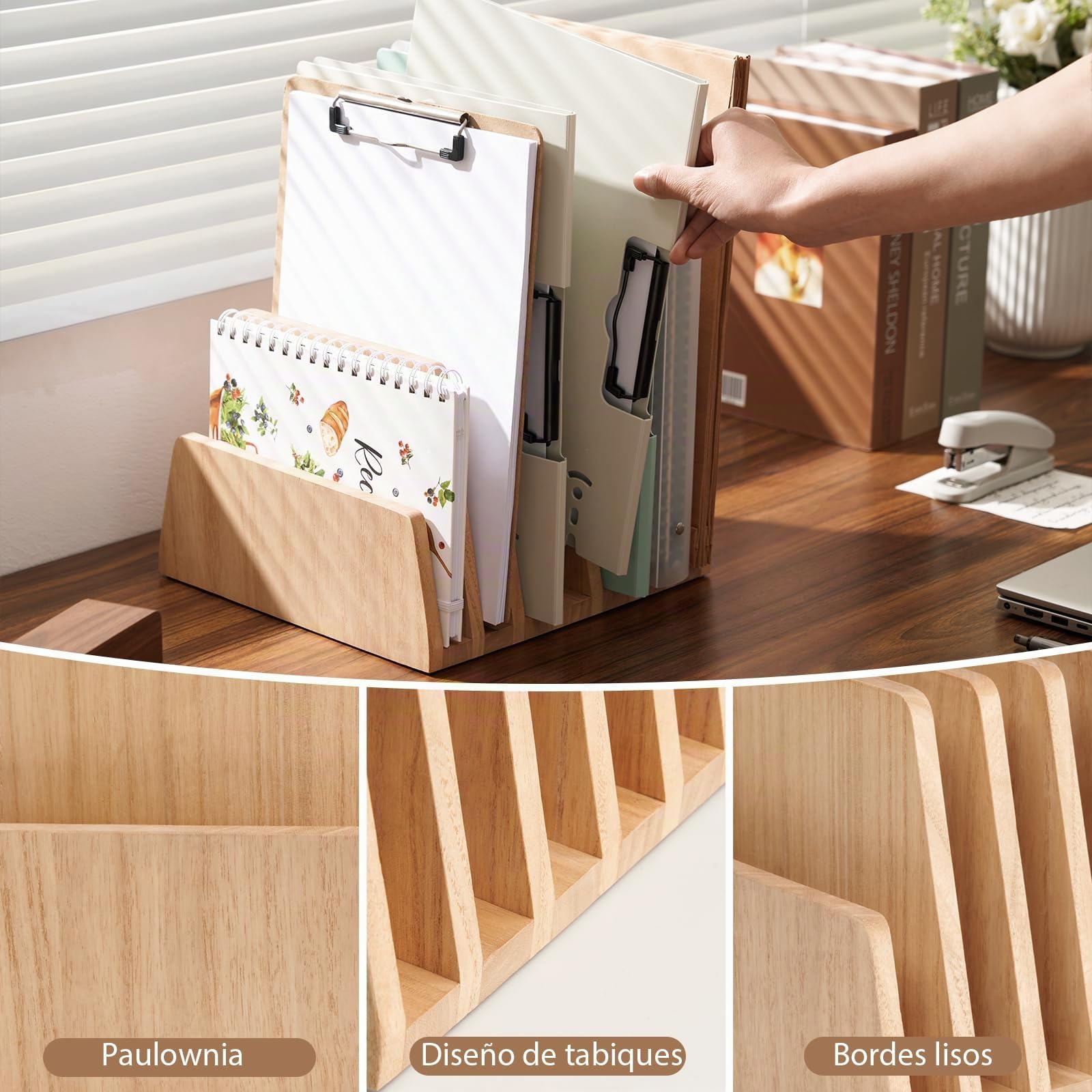 KIRIGEN Archivador Madera, Organizador Escritorio, 7 Ranuras, Natural | Madera maciza de paulownia, 26,3 x 25,2 x 18 cm; artesanal, acabado con aceite vegetal, montado y con bases antideslizantes