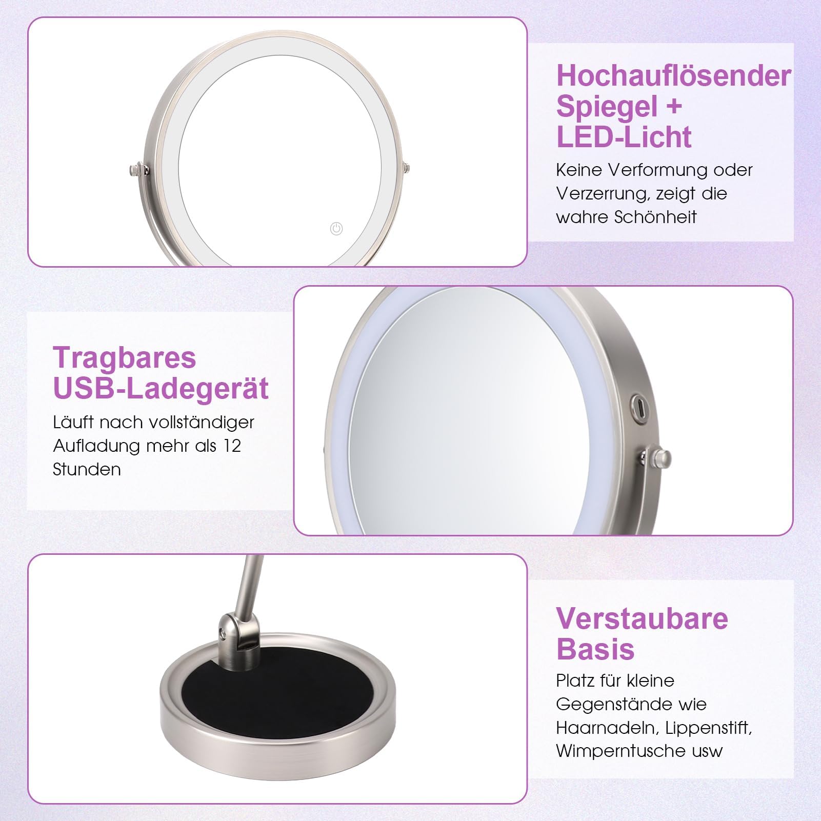 Ejoyous 9-calowe lusterko do makijażu z oświetleniem, lusterko kosmetyczne z oświetleniem 5x/1x lusterko do ładowania dwustronne lusterko powiększające składane sterowanie dotykowe