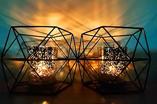 Tea Light Holder, Geometric Candle Holder, Metal, Black, Set of 2, with Two Star Candle Cups Made of Glass, Tea Lights, Table Decoration for Living Room, Bedroom, Wedding, Housewarming Party, Party